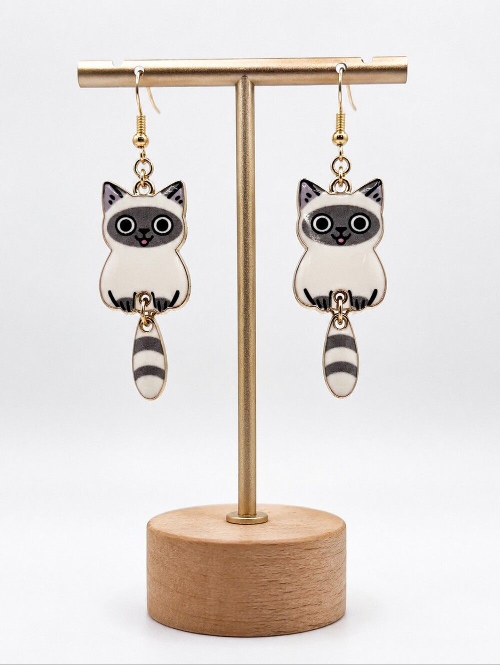 NWOT Cute Cat Dangle Fish Hook Earrings 2" White Gray Kawaii Enamel